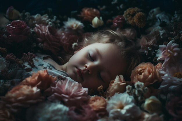 Mała dziewczynka śpi na kwiecistym łóżku Słodkich snów Styl Vintage
