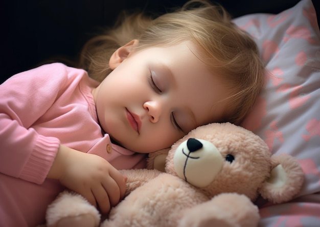 mała dziewczynka śpi w łóżku przytulając misia