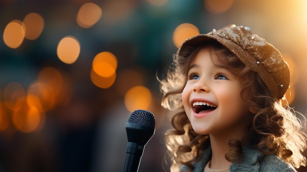 Zdjęcie mała dziewczynka śpiewa do mikrofonu na koncercie wieczorem