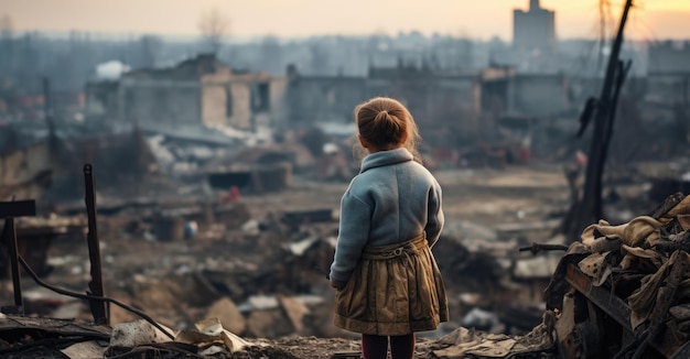Mała dziewczynka stoi na ruinach zniszczonego budynku i patrzy w dal