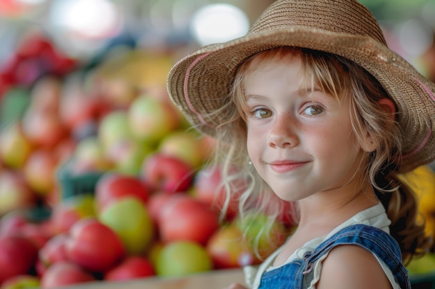 Mała dziewczynka stoi przed stosem jabłek