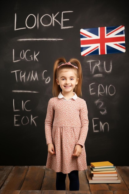 Zdjęcie mała dziewczynka stojąca przed tablicą z napisem 
