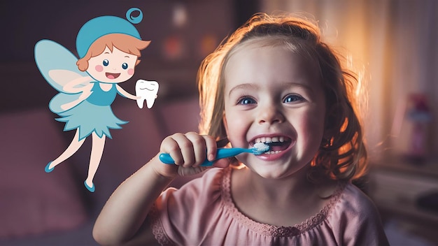 Zdjęcie mała dziewczynka szczotkująca zęby szczoteczką do zębów