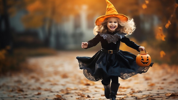 Mała dziewczynka taka szczęśliwa i pełna uśmiechu w kostiumie bawiąca się na świeżym powietrzu podczas Halloweenowego cukierka albo psikusa