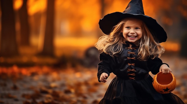 Zdjęcie mała dziewczynka taka szczęśliwa i pełna uśmiechu w kostiumie bawiąca się na świeżym powietrzu podczas halloweenowego cukierka albo psikusa