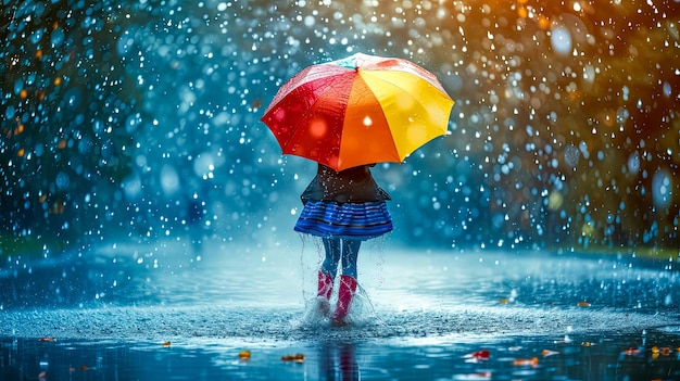 Mała dziewczynka trzyma kolorowy parasol w deszczu