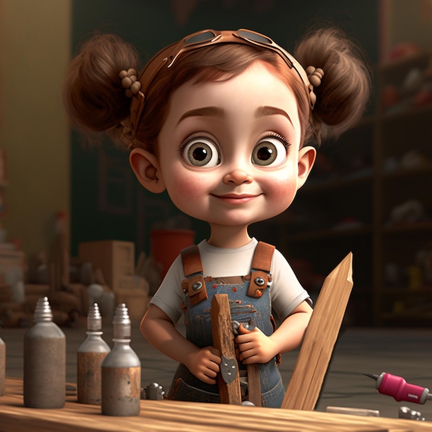Mała dziewczynka trzyma narzędzie i ma na sobie kombinezon i koszulę z napisem „Kocham cię”.