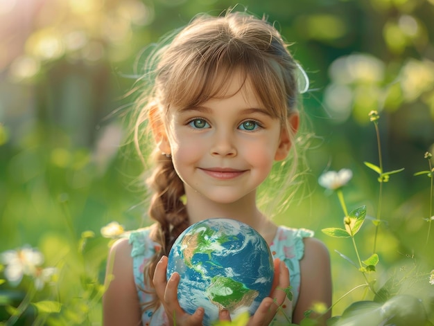 Mała dziewczynka trzyma Ziemię w ręku.