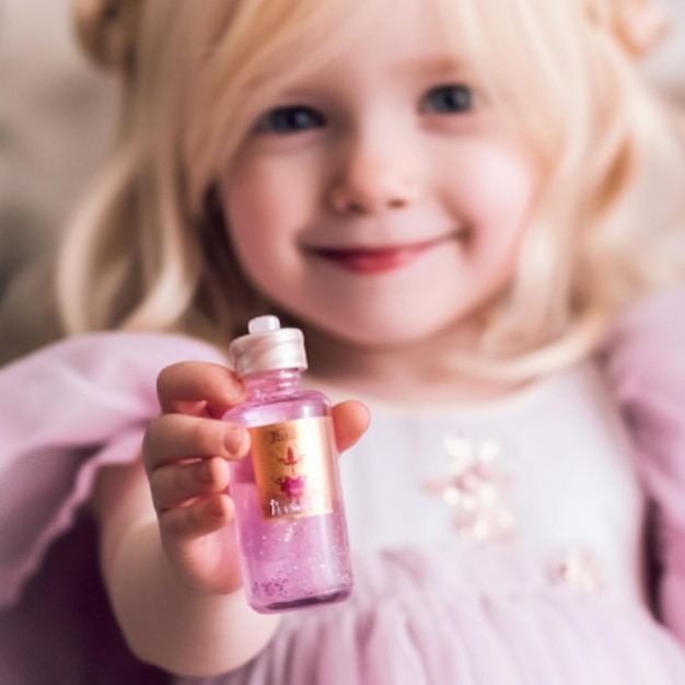mała dziewczynka trzymająca butelkę różowych perfum z napisem „the”.