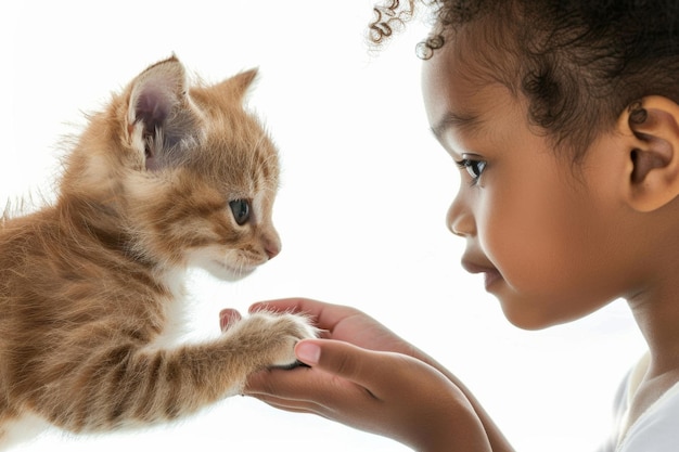 Zdjęcie mała dziewczynka trzymająca kociaka przed twarzą