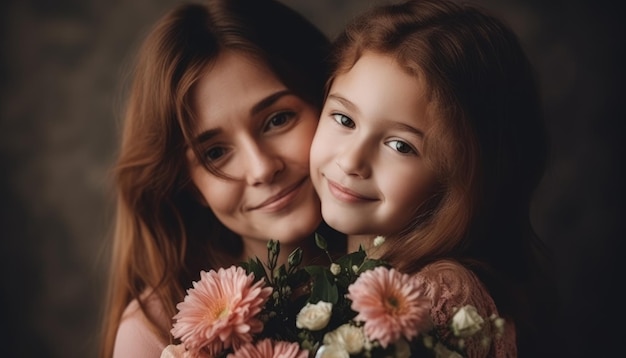 Mała dziewczynka trzymająca kwiaty przytulająca matkę i świętująca jej dzień Generacyjna sztuczna inteligencja