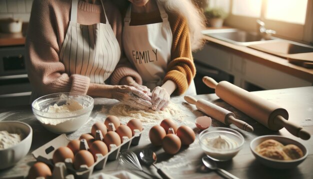 Mała dziewczynka ubrana w fartuch z napisem Rodzina i jej babcia robiąca ciasteczka