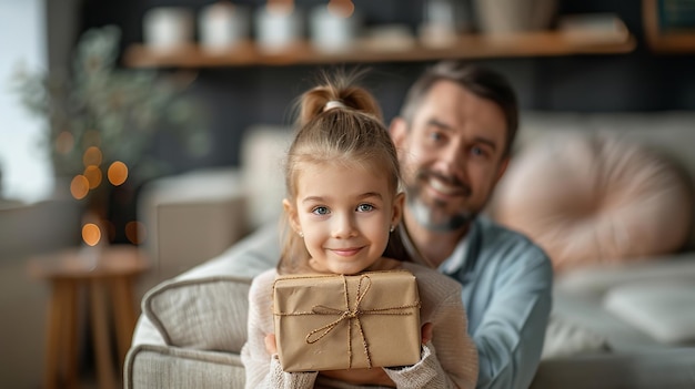 Mała dziewczynka ukrywa pudełko z prezentami patrząc na kamerę będzie witać swojego ojca w Dzień Ojca podczas gdy jej ojciec siedzi na kanapie wędruje i przestrzeń generatywna sztuczna inteligencja