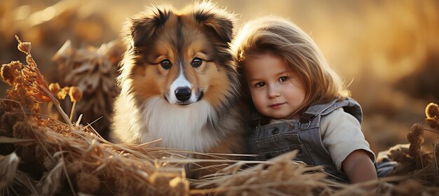 Zdjęcie mała dziewczynka uściskająca psa w malowniczej przyrodzie w letni dzień przyjaźń opieka szczęście z zwierzęciem