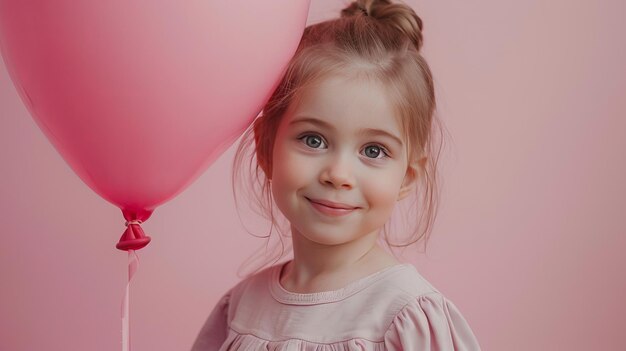 Mała dziewczynka uściskająca różowy balon na pastelowo-różowym tle