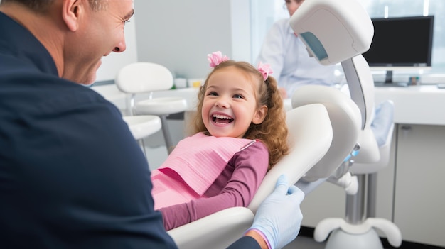 Mała dziewczynka uśmiecha się na wizycie u dentysty
