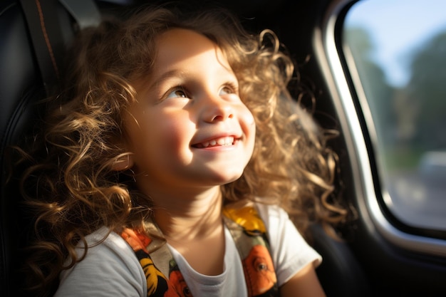 mała dziewczynka uśmiecha się, siedząc na tylnym siedzeniu samochodu