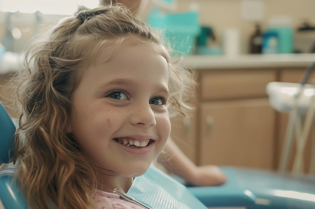 Mała dziewczynka uśmiechająca się na krześle dentystycznym z jej dentystyczną techniką za plecami.