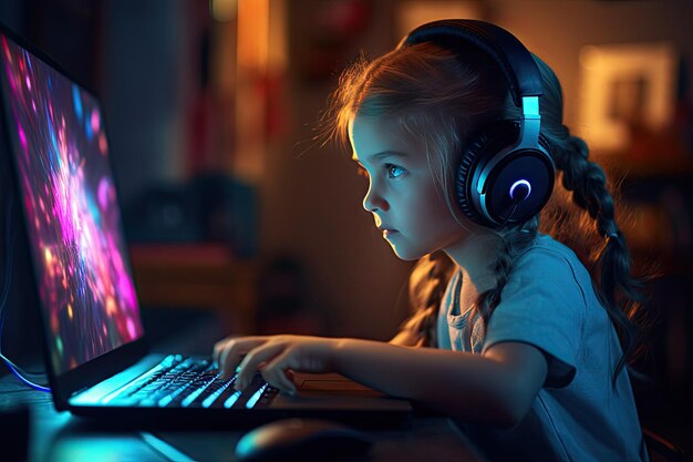 Mała dziewczynka używa laptopa do nauki online w domu Szczęśliwa studentka zainteresowana pisaniem na klawiaturze i patrząca na ekran komputera
