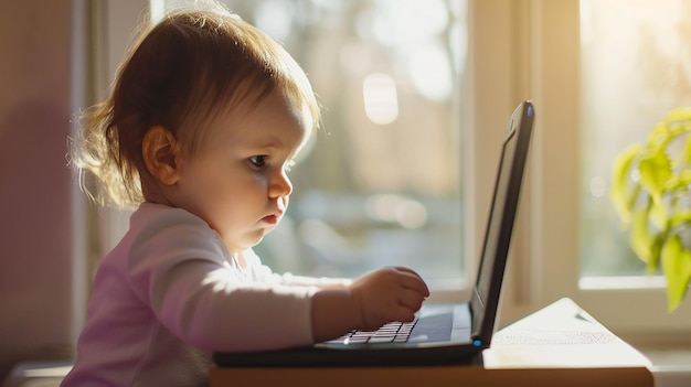 Mała dziewczynka używająca laptopa w domu lub w klasie