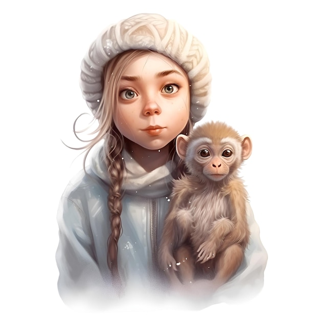 Zdjęcie mała dziewczynka w białym płaszczu z małpą na białym tle