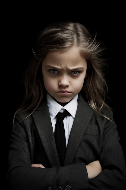 Mała dziewczynka w garniturze z czarnym krawatem i białą koszulą.