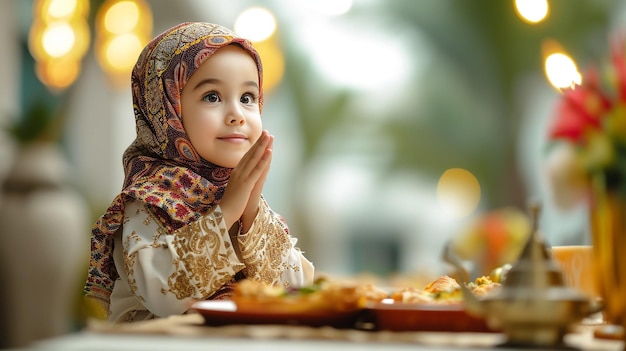 Mała dziewczynka w hidżabie siedzi przy stole i z niecierpliwością patrzy na jedzenie przed sobą.