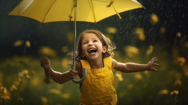 Mała dziewczynka w kolorze żółtym trzymająca parasol w deszczu