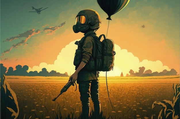 Mała dziewczynka w masce gazowej trzymająca balon stojący na polu podczas zachodu słońca Koncepcja fantasy Malarstwo ilustracyjne Generatywna sztuczna inteligencja