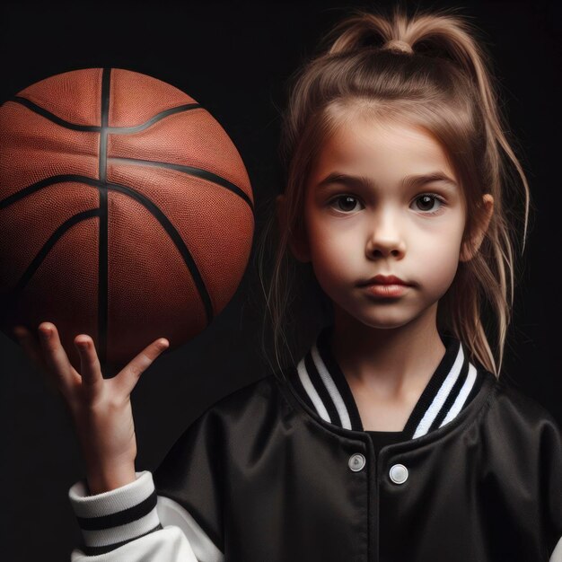Mała dziewczynka w mundurze trzymająca piłkę do koszykówki portret na czarnym tle ai generatywny
