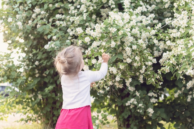 Mała dziewczynka w parku w słoneczny dzień Maluch dziewczynka w ogrodzie pod kwitnącym drzewem Wiosenny deszcz płatków Koncepcja wiosny szczęśliwego dzieciństwa pokój na świecie pokój i szczęście harmonia