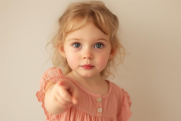 Mała dziewczynka w różowej sukience wskazująca na kamerę