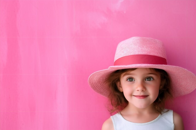 Mała dziewczynka w różowym kapeluszu stoi na różowym tle.