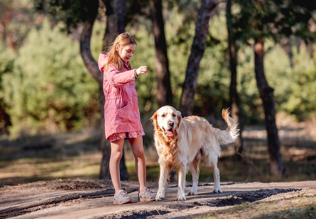 Mała dziewczynka w różowym płaszczu stojąca z golden retriever psem w drewnie w piękny słoneczny dzień