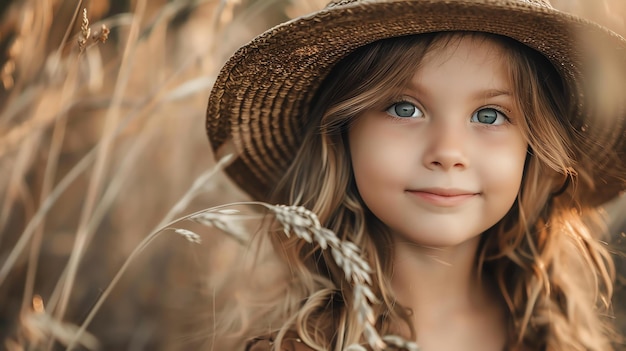 Zdjęcie mała dziewczynka w słomowym kapeluszu stoi na polu pszenicy uśmiecha się i patrzy na kamerę słońce świeci, a pszenica jest złota.
