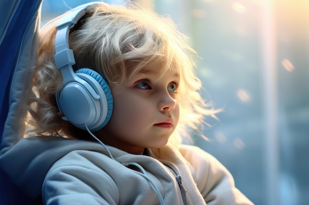 Mała dziewczynka w słuchawkach słucha muzyki, dziecko bawi się, cieszy się rozrywką dziecięcą