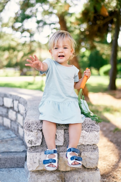 Mała dziewczynka w sukience z marchewką w dłoni siedzi na kamiennym ogrodzeniu w parku