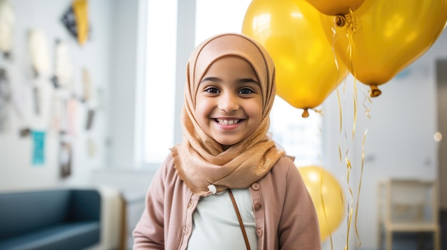 Mała dziewczynka w szpitalu z żółtymi balonami Stworzona przy użyciu technologii Generative AI