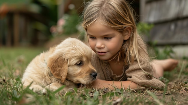 Mała dziewczynka z blond włosami bawi się z puszystym blond szczeniakiem na trawie w pobliżu domu