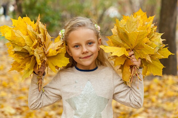 Mała dziewczynka z bukietem jesiennych liści. Mała dziewczynka w parku przed opadłymi liśćmi z dwoma bukietami złotych liści klonu.