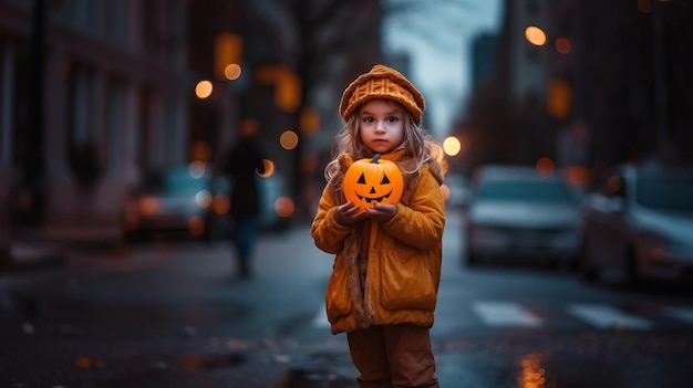 Mała dziewczynka z halloweenowym koszykiem cukierek albo psikus zagubiona samotnie na ulicy wygenerowanej przez sztuczną inteligencję