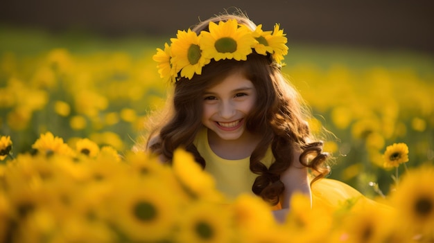 Mała dziewczynka z koroną kwiatów śmieje się na polu pełnym kwiatów