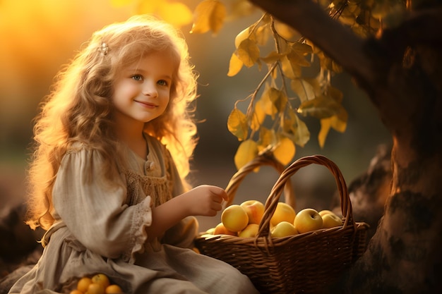 Mała dziewczynka z koszem jabłek siedzi pod drzewem 1