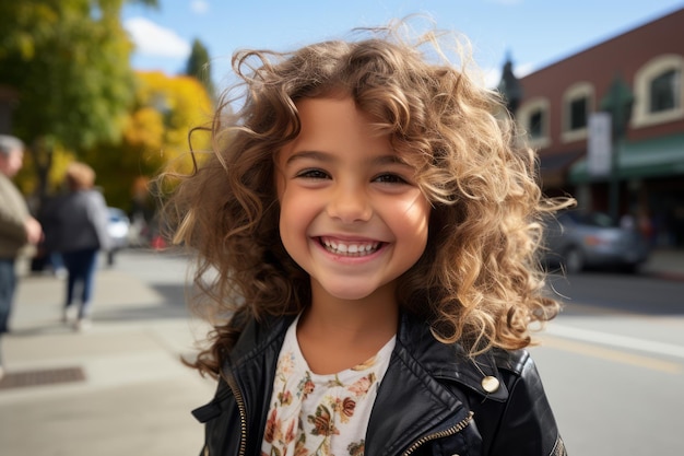 mała dziewczynka z kręconymi włosami uśmiecha się na ulicy