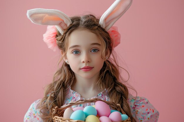 Mała dziewczynka z króliczymi uszami trzymająca koszyk jaj