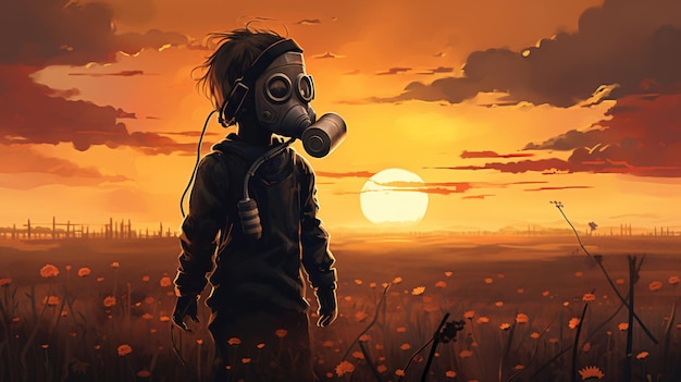 Mała dziewczynka z maską gazową trzymająca balon stojący