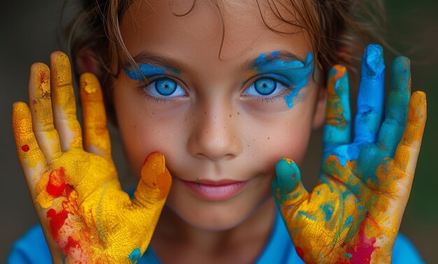 Zdjęcie mała dziewczynka z niebieskimi oczami pokazuje swoje ręce z farbą na nich