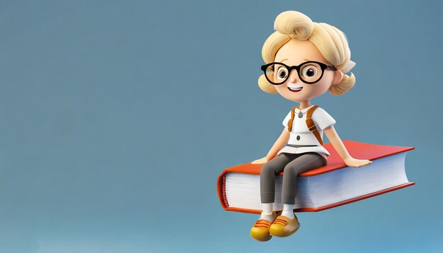 Mała dziewczynka z okularami siedząca na latającej książce Koncepcja Światowego Dnia Książki