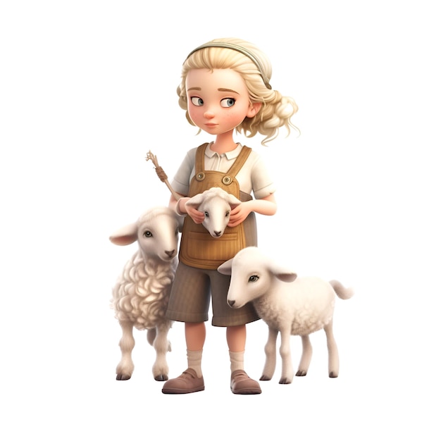 Zdjęcie mała dziewczynka z owcami na białym tle renderowania 3d