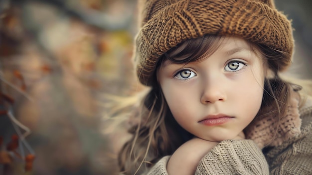Mała dziewczynka z pięknymi zielonymi oczami nosząca brązowy dziany kapelusz patrząca rozmyślnie